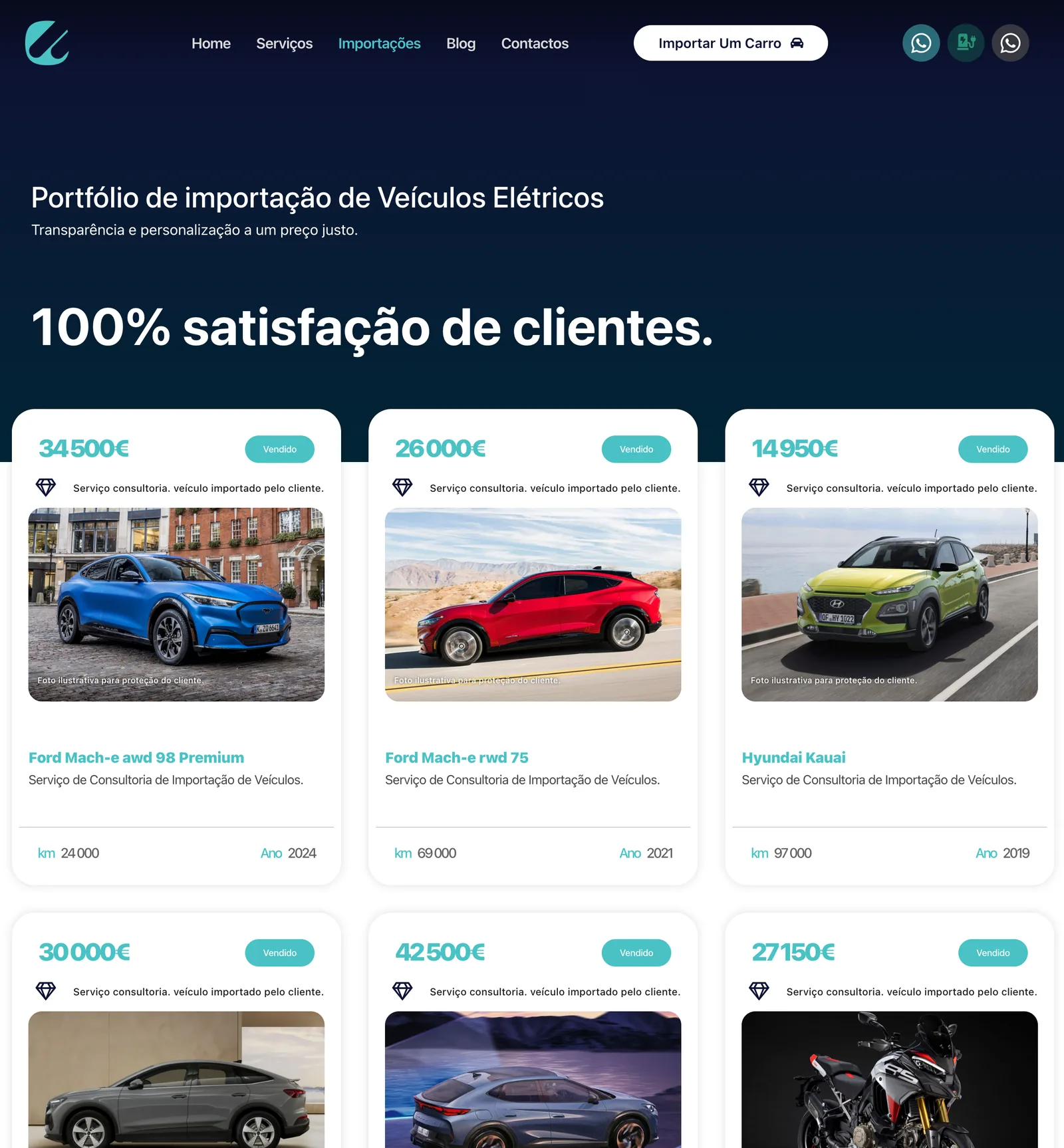 Portefólio de importações: Cada viatura entregue, com preço, quilómetros e ano. A prova antes da promessa.