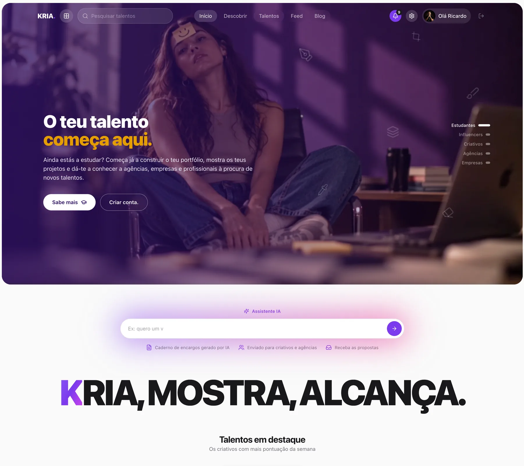 Homepage da Kria com o título “O teu talento começa aqui.”